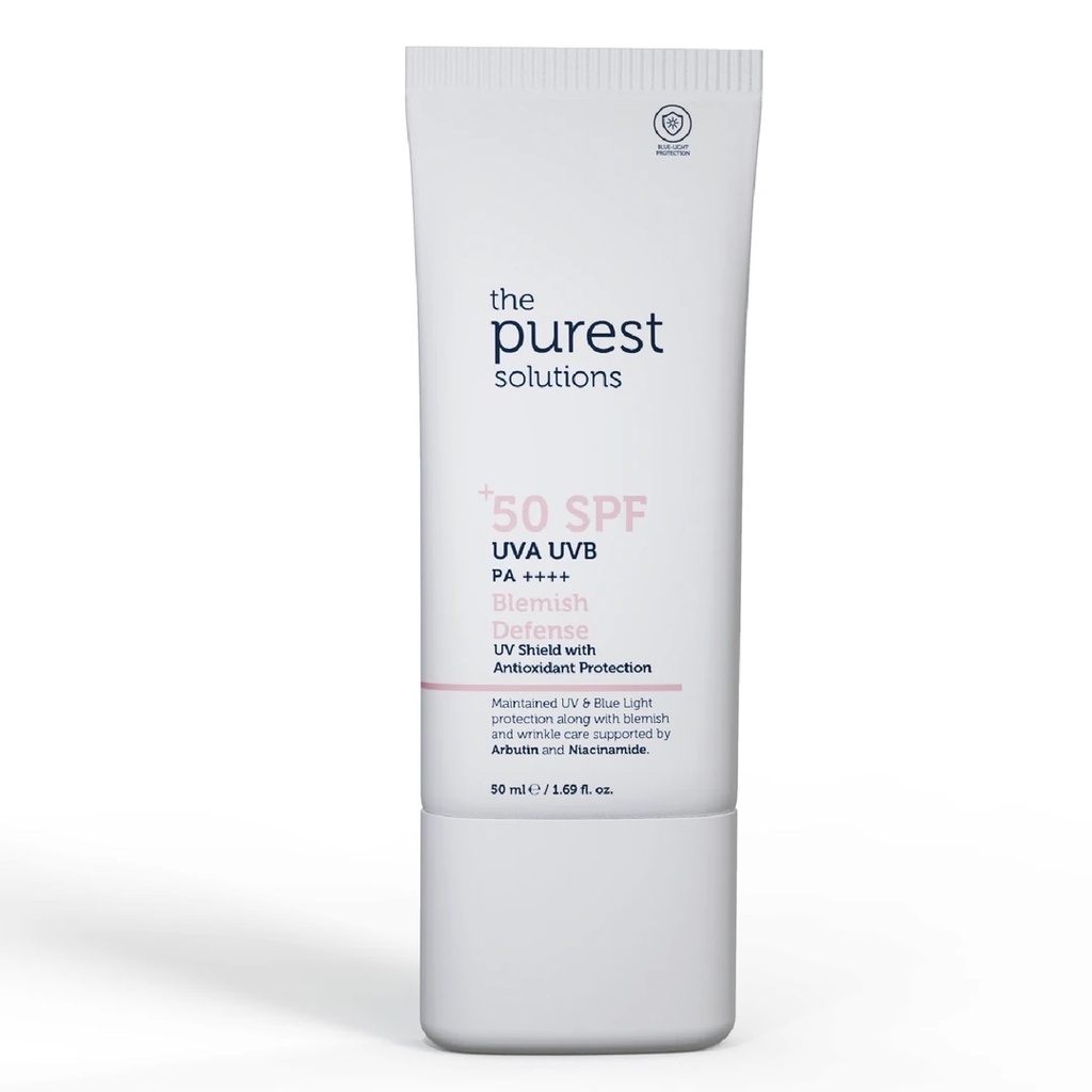 Blemish Defense UVA/UVB Antioxidant Protection For Blemish-Prone Skin 50+ SPF sunscreen| 50 ml | UV Shield with Arbutin and Niacinamide The Purest Solutions